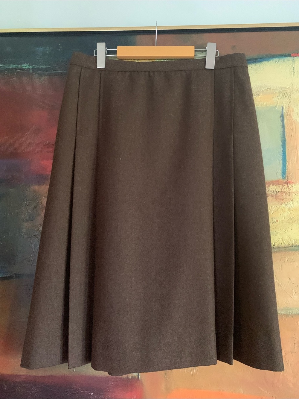 Vintage Handmade Brown Wool Pleated Midi Skirt – Sz M-L